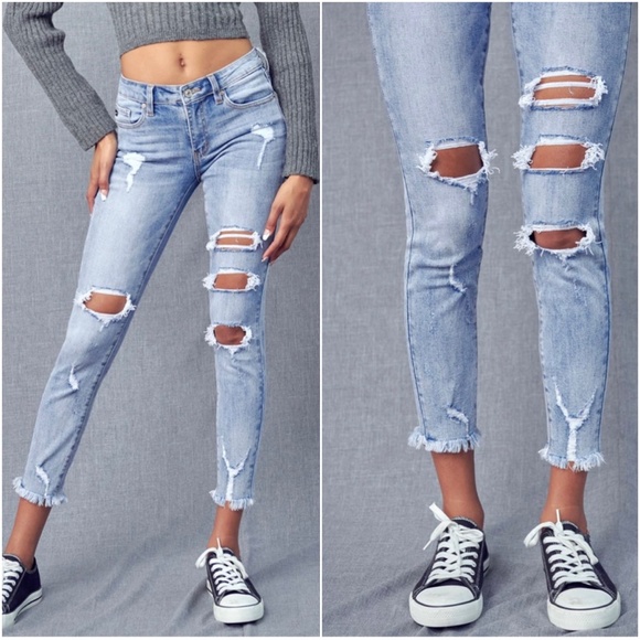 Kan Can Light Wash Frayed Hem Skinny Denim Jeans - Picture 8 of 8